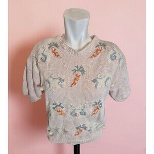 Marisa Chistina Vintage 90s Hand Knit Sweater Bunny Easter Sweater Pink Sz S/M